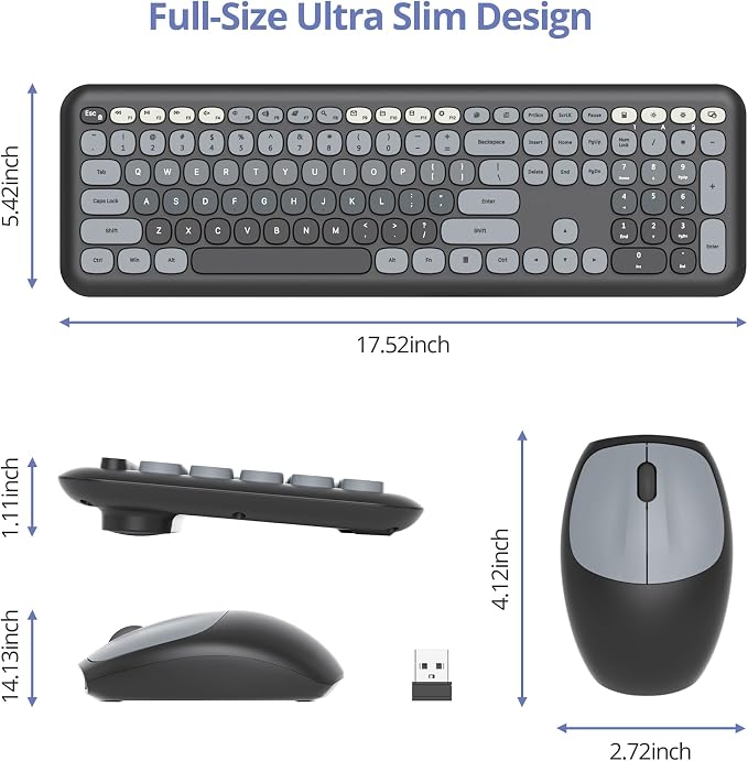 surmen Cute Keyboard and Mouse Wireless, Full-Size Retro Typewriter Wireless Silent Colorful Keyboard Low-Noise 2.4GHz for Home and Office (6-Gradient Dark)