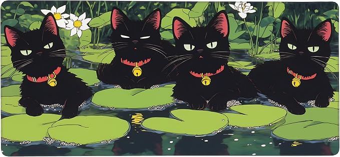 Cute Anime Black Cat Gaming Mouse Pad, Forest Green Anime Desk Mat with Anti-Slip Base & Stitched Edges, Office & Home Desk Decor for Women, 35.4" x 15.7" in Computer Desktop Mat