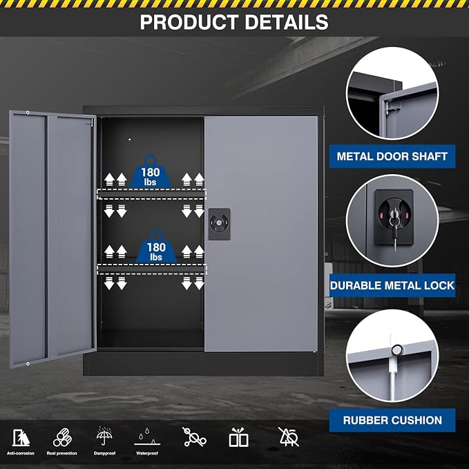 Fesbos Metal Storage Cabinet-36” Tall Steel File Cabinets with Lockable Doors and Adjustable Shelves-Black&Gray Steel Storage Cabinet for Home Office, School, Garage