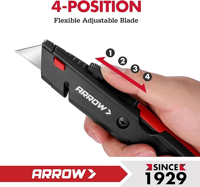 ARROW Retractable Box Cutter, Quick Change Utility Knife with Blade Storage Design, Heavy Duty Aluminum Razor Knife, Twine Cutter, 3 Extra SK2 Blades Included