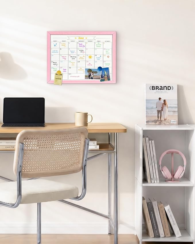 TORASO Dry Erase Monthly Calendar Board, Magnetic Whiteboard for Wall, Office/School/Home, Solid Wood Pink Frame Hanging Board 13"x 17"(YL-Pink-3343-B)