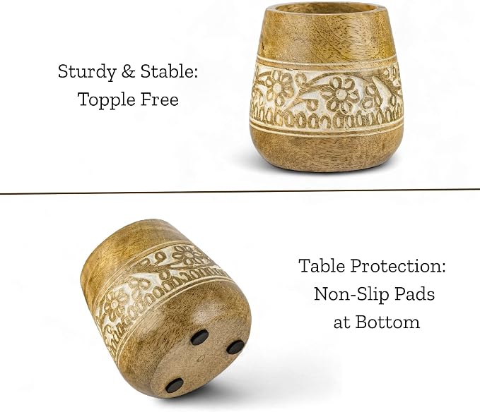 Mie Creations Farmhouse Pencil Holder for Desk, Wooden, White Floral 4'' | Wooden Pen Stand, Office Desk Organizer, Desktop Accessories, Stationery, Art Supplies, Paintbrush Stand, Make Up Brush Cup