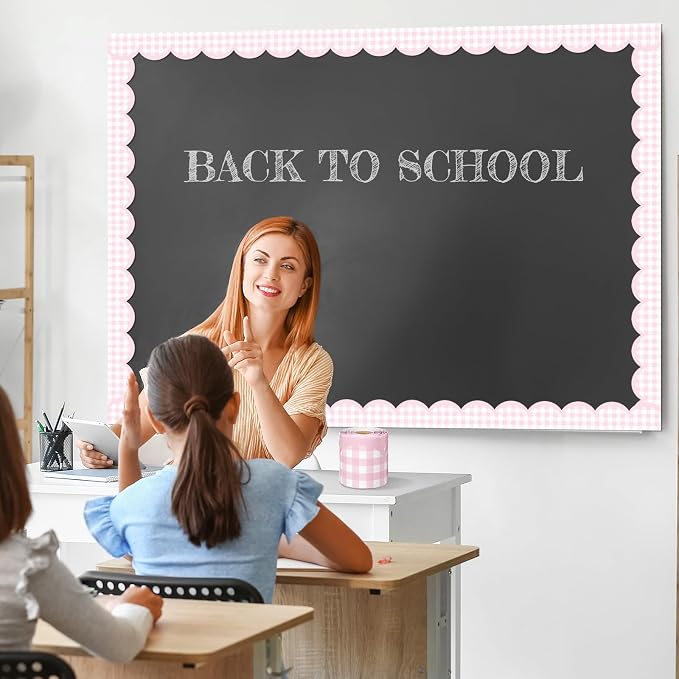 Zonon 65ft Pink Gingham Bulletin Board Border Pastel Scalloped Bulletin Board Trim Back to School Classrooms Decoration for Party Whiteboard, Walls, Desks, Windows, Doors, Lockers