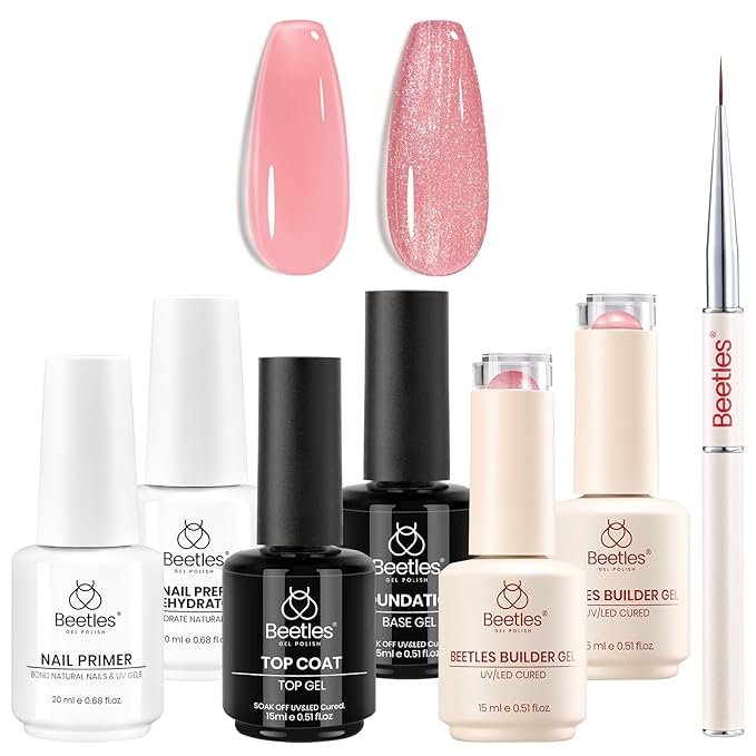 Beetles Builder Gel Set with Nail Dehydrator and Primer,Base Top Coat,Rosy Dew-Pink & Glitter Pink for Nails Extension & Apex Strengthening, Thickening Weak Nails, DIY UV Nail at Home for Beginners