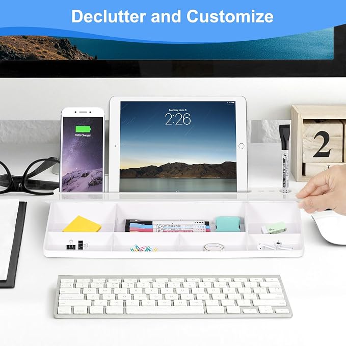 Desktop Glass Whiteboard with Storage, Desk Dry Erase White Board Stand | Computer Keyboard Stand, Office Desk Organizers and Accessories with Drawer, To Do Memo Notepad, Home School Supplies