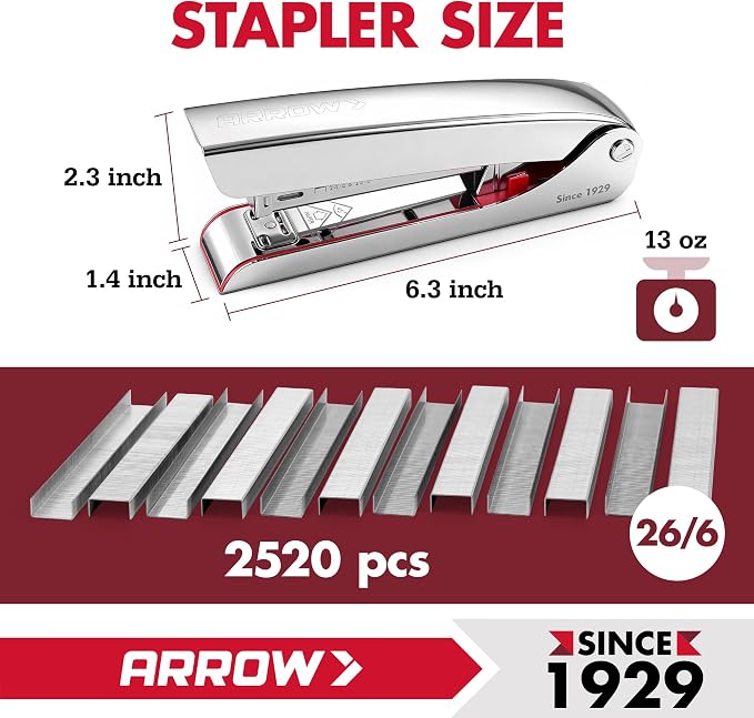 Arrow Metal Stapler, Full-Strip Stapler for Desk with 2520 Staples | 25 Sheet Capacity, Rear Staple Storage, Dual-Mode Anvil, Non-Slip Base, For Office, Classroom, and School