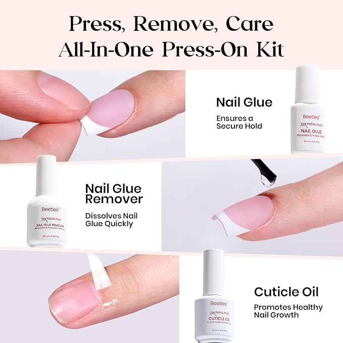 Beetles X Press Plus Gel Nails Kit - Peachy French | Pink Medium Almond French Tip Press On Nails | 210Pcs 15 Sizes All-in-One Kit With Nail Glue,Remover,Builder Top Coat,Nail Lamp Gift For Women