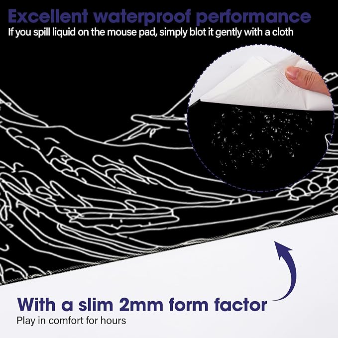 Large Extended Mouse Pad with Stitched Edges 35.4"x15.7" - Waterproof Desk Mat, Non-Slip Rubber Base for All-Desk Coverage, Perfect for Gaming Office Home, Black Wave