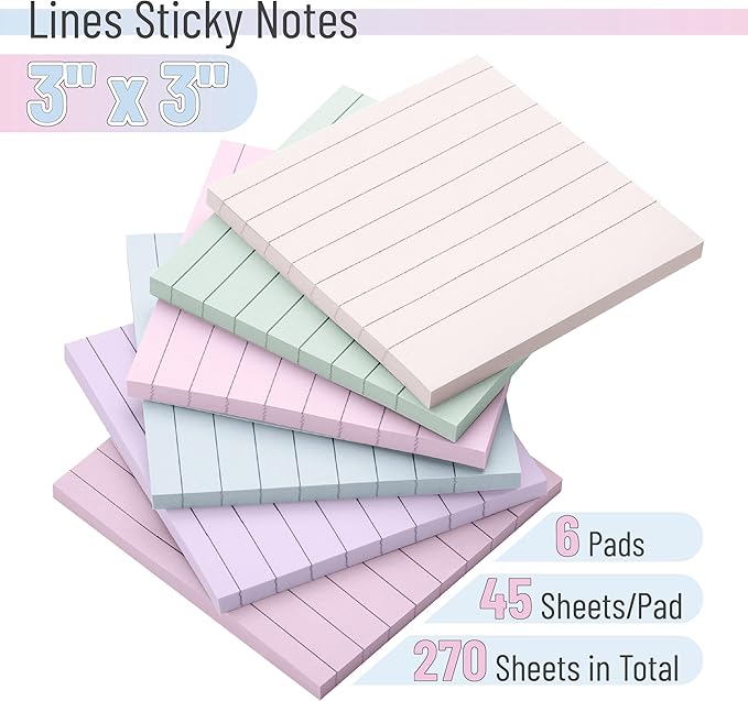 Mr. Pen- Lined Sticky Notes 3x3, 6 Pads, 45 Sheet/Pads, Pastel Colors, Sticky Notes with Lines, Sticky Note Pads, Stocky Notes for Bible Journaling