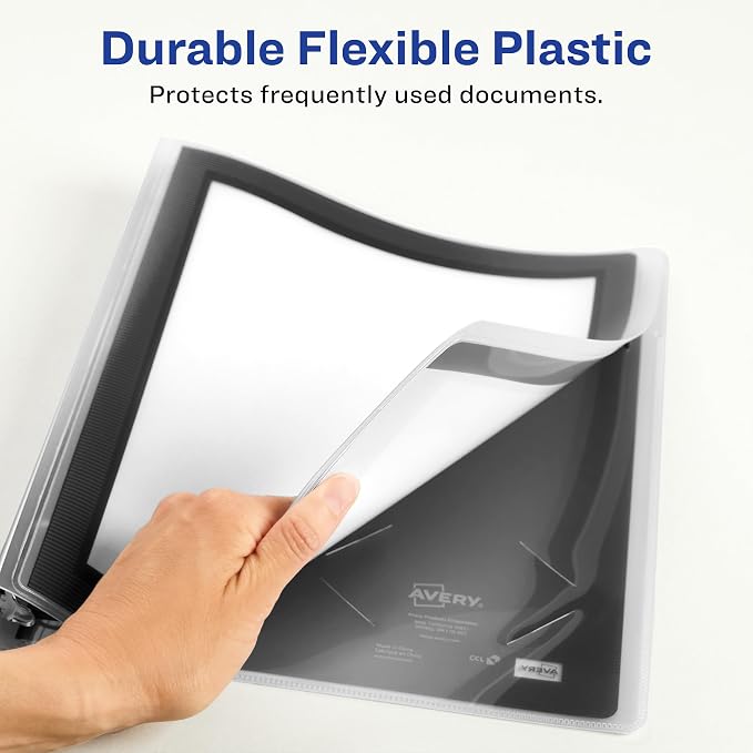 Avery Flexi-View 3 Ring Binder, 1.5" Round Rings, 1 Black Binder | For Everyday School, Home and Office Use, Preprinted Cover Frame, Interior Pocket and Card Holder, Nonstick PVC-Free Cover