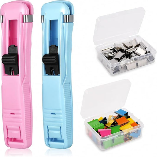 Portable Binder Clip Stapler Set 2 Pcs Handheld Dispenser,-Pink&Blue | with 100 Pcs Paper Clam Clip Refills Mini Push Stapler Dispenser Papers Clamps for Fixing D