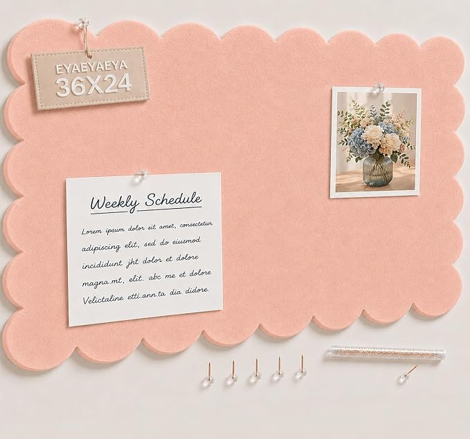 Scalloped Felt Bulletin Board 36 x 24 Inches, Pink Pin Board for Wall | Large Vision Board for Girls Bedroom, Dorm & Kids Room, Decorative Memo Board for Photos, Notes, Study Display and Wall Decor
