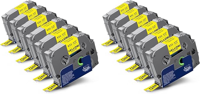 12-Pack Compatible for Brother Tze-631 12mm 1/2" Black on Yellow Label Tape