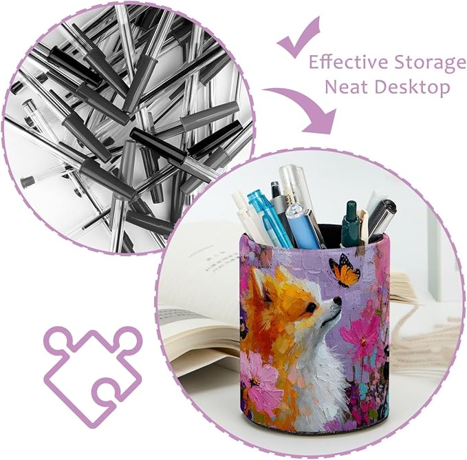 Leather Pen Holder for Desk, Dog Oil Painting Pencil Cup Pen Organizer Makeup Brush Holder for Office Home Kids Countertop Desk Accessory Storage