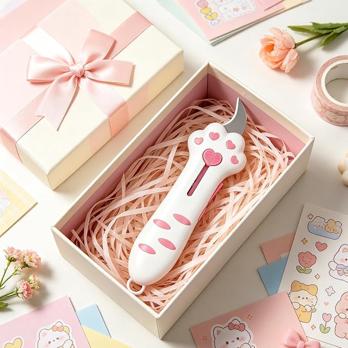 Cat Paw Retractable Box Cutter — Cute Kawaii Utility Knife | Portable Cat Claw Knife with Handle,Multifunctional Mini Utility Knife for Boxes Envelopes,Packages,Lock+One-Click Retract