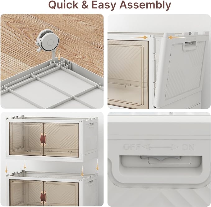 Stackable Storage Bins with Lids, 384QT Lockable Storage Cabinet | Folding Storage Box with Doors and Wheels, Collapsible Plastic Drawers for Home, Garage, Office