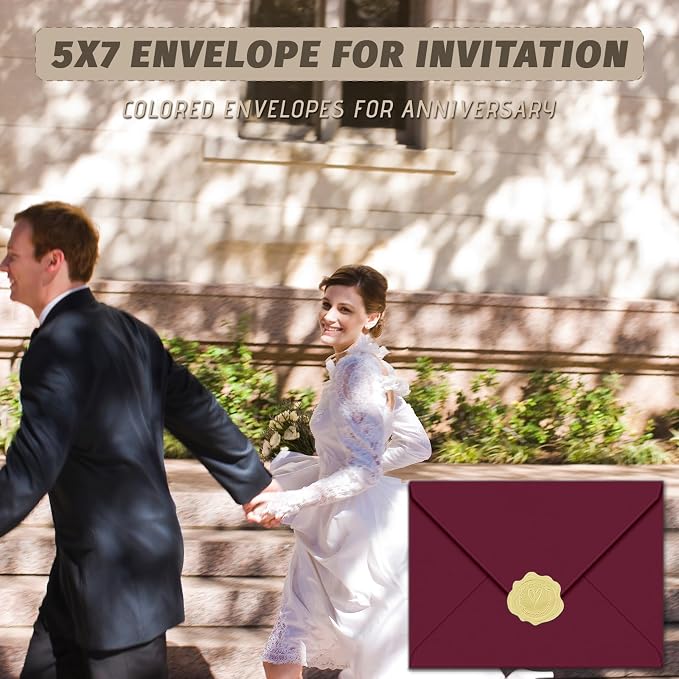 5x7 Envelopes With Golden Stickers (50, Burgundy, A7) | A7 Envelope for Invitations,envelope for 5x7 cards,Self Seal for Postcards, Greeting Cards, Mailing，Wedding