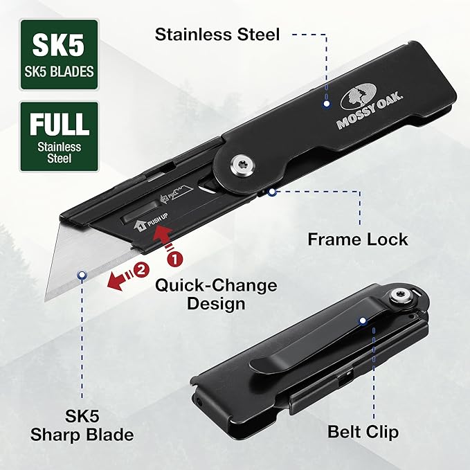 MOSSY OAK 2-pack Folding Pocket Utility Knife Set, Quick Change Box Cutter with Frame Lock, EDC Foldable Razor Knife with Belt Clip, Stone Washed