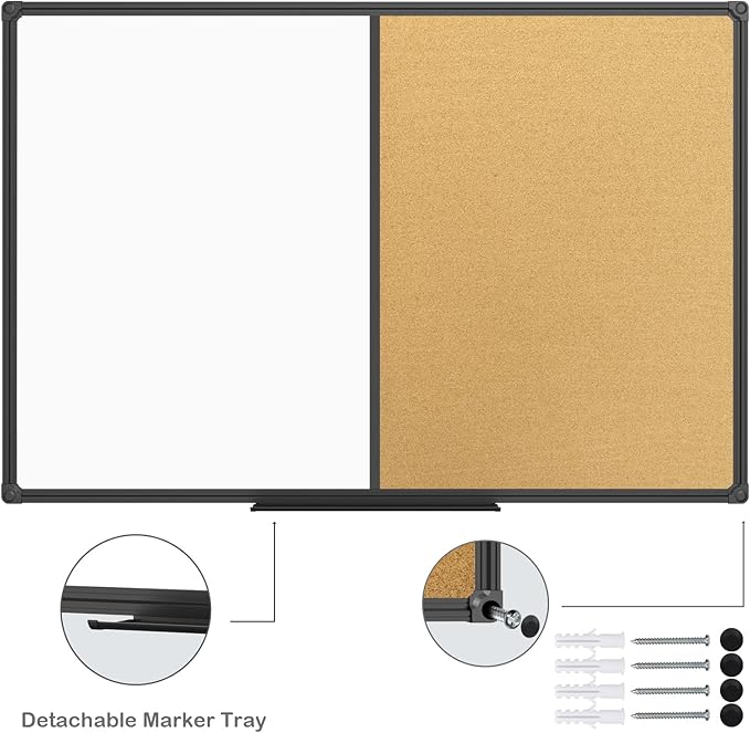 JILoffice White Board & Bulletin Corkboard Combination, Combo Board 36 x 24 Magnetic Whiteboard, Black Aluminum Frame Wall Mounted Board for Office Home and School with 10 Push Pins