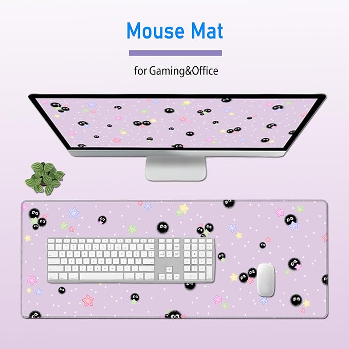Cute Purple Mouse Pad,Large Kawaii Gaming Desk Mat 31.5 x 12 in | Star Sea Urchin Anime Lilac Decor Mousepad for Girls Women,Pastel Lavender Extended Girly Deskmat with Stitched Edges