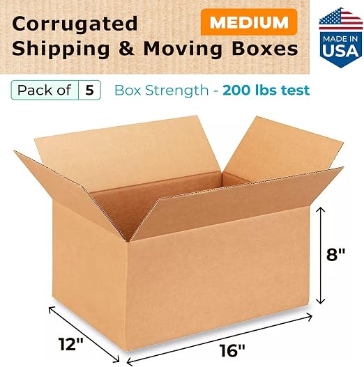 Medium Shipping & Moving Boxes 16 x 12 x 8 inches (5-Pack) - Extra Strength 200 lb vs Regular - Corrugated Packing Boxes for Moving - Cardboard Box for USPS, FedEx - Packing Box by IDL Packaging | Extra Strength 200 lb vs Regular - Corrugated Packing B...