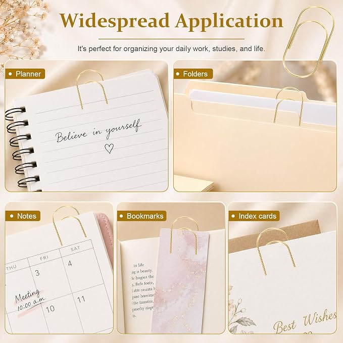 50 Pcs Jumbo Paper Clips 2 Inch (50mm), Large Gold Paperclips, Non-Skid Smooth Steel Wire, Oversized Wide Clips for Office School Planner Bookmarks