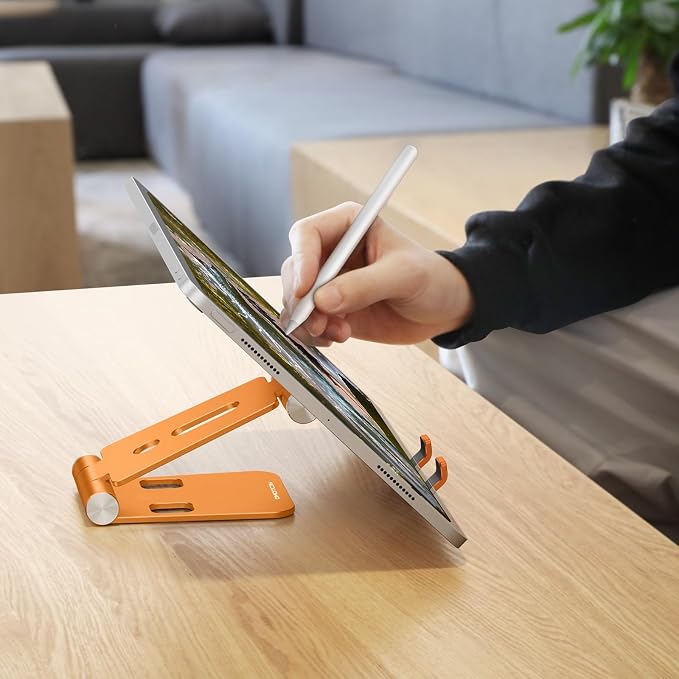 OMOTON Foldable Cell Phone Stand, C4 Portable Aluminum Phone Holder | Adjustable Phone Dock Cradle Compatible with iPhone 17/16/15 Pro Max Air, Samsung Galaxy, Small Tablets, SmartPhones, Orange