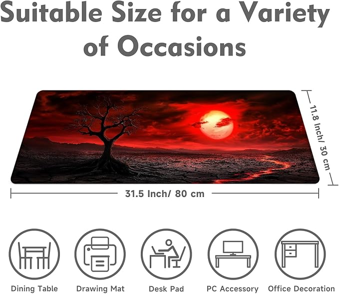 Gaming Mouse Pad Desk Pad XL Large Mouse Mat Office Decor Accessories (Red Moon)