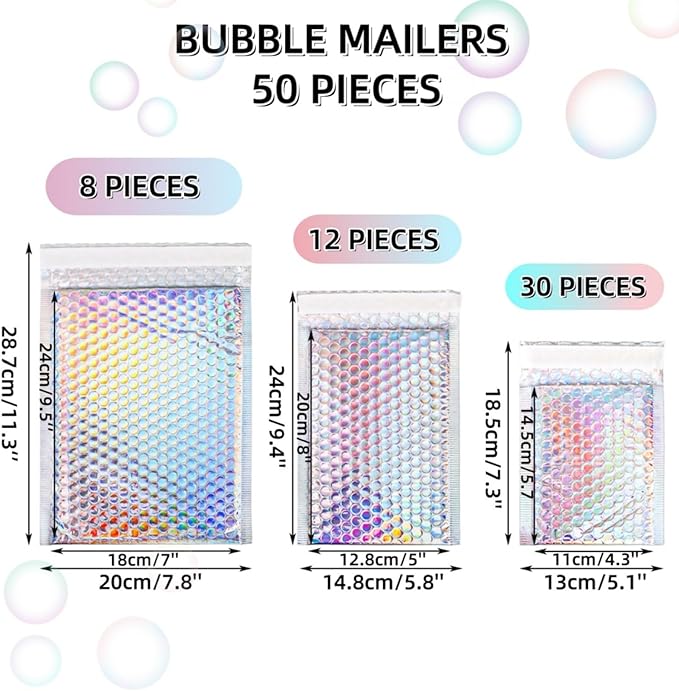 50 Pieces Metallic Bubble Mailers, Self-Seal Poly Padded Envelopes, Waterproof Holographic Bubble Shipping Envelopes for Mailing, Packing, Small Business, Christmas Gifting
