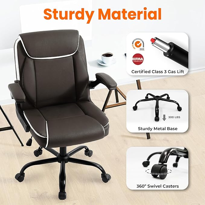 NEO CHAIR Office Desk Computer Chair Ergonomic Executive Mid-Back Leather Gaming Chair with Adjustable Flip-Up Armrests Wheels Swivel for Home Study Task (Brown)