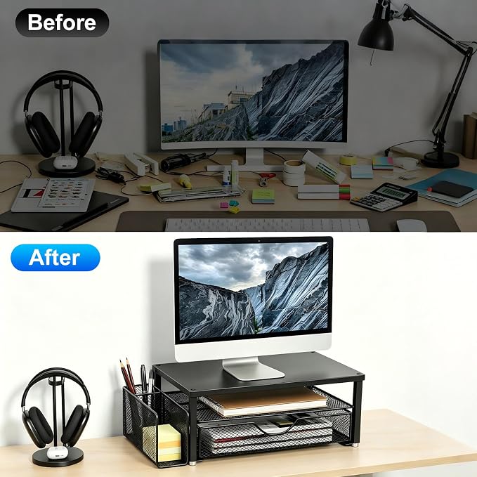 Spacrea Monitor Stand with Drawer and Pen Holder | Monitor Riser Desk Organization Desk Organizer and Accessories (Black)