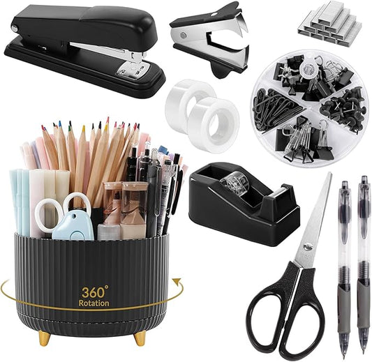 SKYDUE Black Office Supplies with Pencil Holder,Desk Accessories 11PCS | Office Desk Accessories Included Stapler with Staples, Staple Remover,Tape Dispenser, Binder Paper Clips Kit,Scissor, Pens