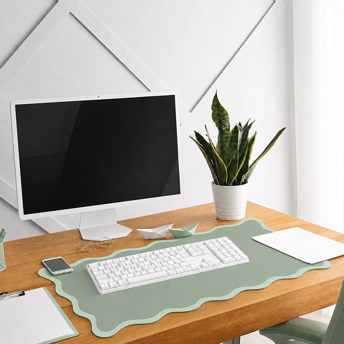 Hahafelt Scalloped Desk Mat Waterproof,Antique Green,31.5 X 15.8 Inches | Coquette Preppy Style for School Office Makeup Vanity, Nonslip Gaming Desktop Protector with Scalloped Stitched Edge Mat
