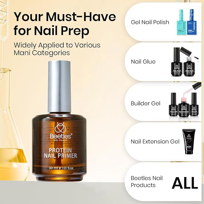 Beetles 30ML Protein Nail Primer - HEMA-Free Acid-free Professional Nail Prep for Acrylic & Gel Polish, Large Size Refill for Nail Technicians, Salon & Home DIY