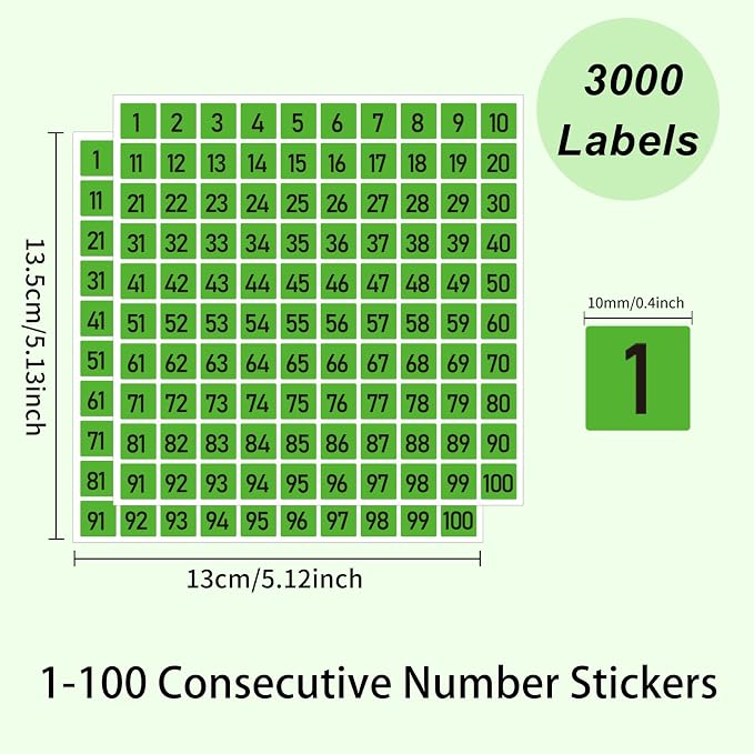 STARLIBOO 1 to 100 Consecutive Number Stickers, 0.4 inch Square Small Number Stickers Labels for Inventory, Storage, Organizing, Boxes, Bins, Toolbox, Locker (3000 Labels, Green)