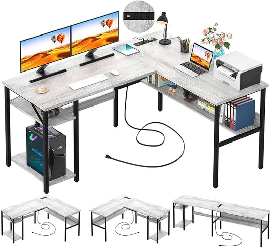 Unikito L Shaped Computer Desk with Magic Power Outlets and USB Charging Ports, Sturdy Reversible Corner Desk with Storage Shelves, Modern Work Desk for Home Office, Easy to Assemble, White Oak