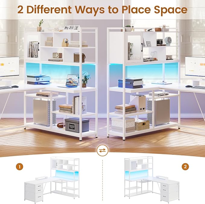 SEDETA 58'' L Shaped Computer Office Desk with 3 Drawers and Bookshelf | L Shaped Corner Desk with Storage Shelves and LED Light for Home Office, Gaming, Small Space, White