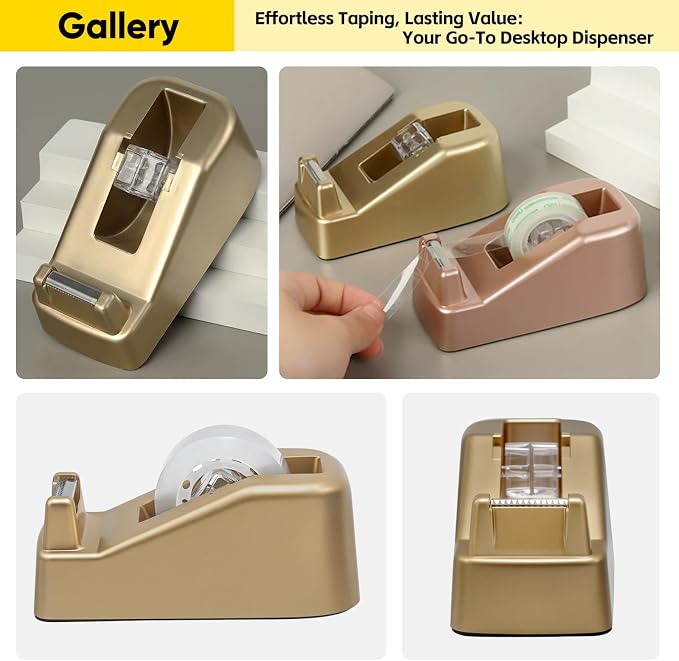Aesthetic Metallic Finish Office Tape Dispenser, Fits 1" Core, Gold | Standard 1-Inch Clear Tape Roll Holder, Elegant Stylish, Rubber Base, Smooth Cut Serrated Blade, Home Desktop Supplies Decor