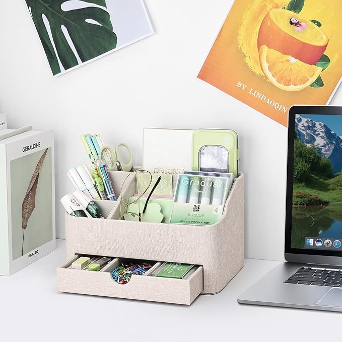 PU Leather Desk Organizer with Drawer, 5 Compartments Desktop Storage Caddy for Office & Home Supplies, Pen Holder for Remote Control, Phone & Accessories, Mail Organizer Countertop(Beige)