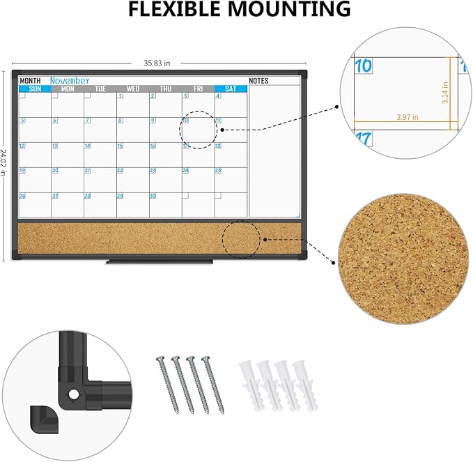 XBoard Monthly Whiteboard Calendar with Cork Board, 36" X 24" | Magnetic Dry Erase Calendar and Corkboard Combo for Planning Organization