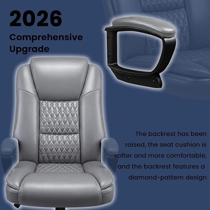 Leather Office Desk Chair,Ergonomic Office Chair with Lumbar Support,Computer Chair,Executive Leather Chair with Padded Flip-up Arm,Adjustable Armrests, Black,275LBS