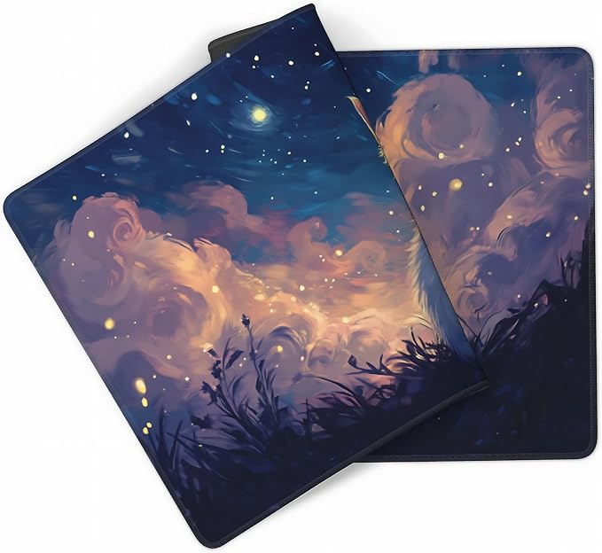 Cute Anime White Cat Gaming Mouse Pad, Blue Pink Van Gogh Desk Mat with Anti-Slip Base & Stitched Edges,35.4" x 15.7" in Table Mat for Computer Desktop, Beautiful Workstation Decor