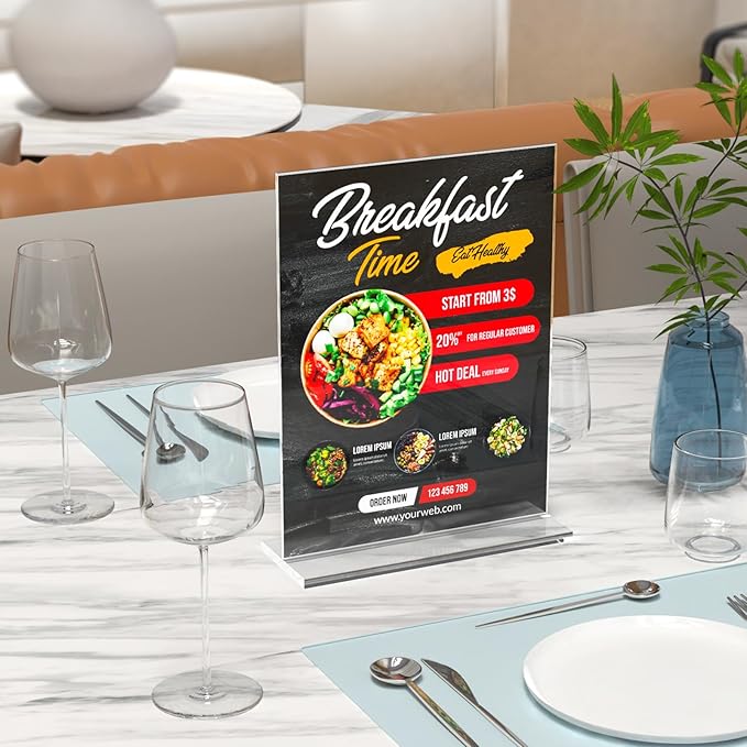 6 Pack Acrylic Sign Holder 8.5 x 11 Inches, Clear Menu Holder Stand, Vertical Flyer Display Stand, Table Paper Holder, Desk Brochure Holder, Plastic Sign Display Stand for Restaurants, Office, Store