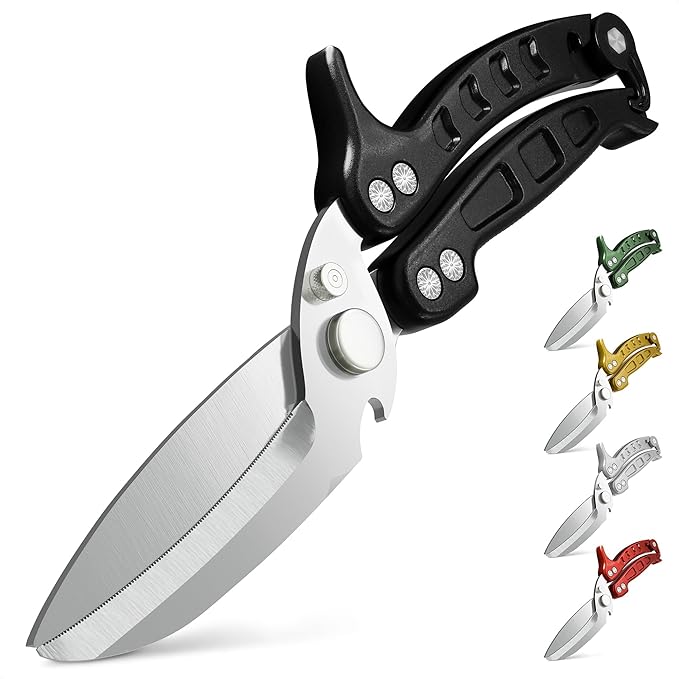 4-in-1 Multi-Use Heavy Duty Poultry Shears – Sharp Seafood, Fish, Turkey & Chicken Shears with Non-Slip Metal Handle & Micro-Serrated Blades – Spring-Loaded, Safety Lock Bone Scissors (Black)