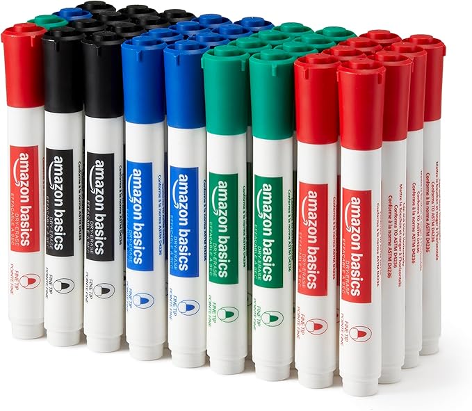 Amazon Basics Low-Odor Dry Erase Whiteboard Markers, Fine Tip, Quick-Dry, 4 Assorted Colors, 36-Pack