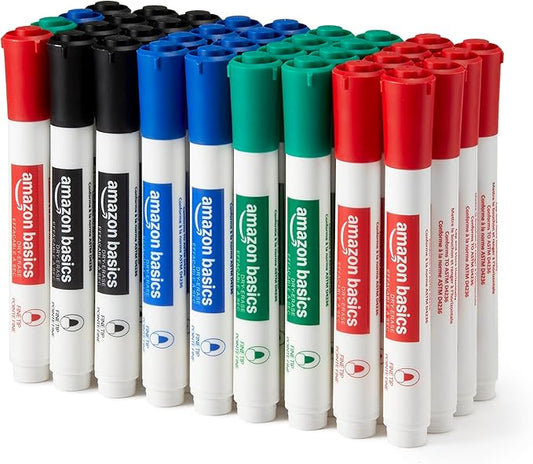 Amazon Basics Low-Odor Dry Erase Whiteboard Markers, Fine Tip, Quick-Dry, 4 Assorted Colors, 36-Pack