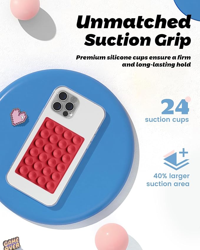 amBand Magnetic Sticky Phone Suction Grip for MagSafe, Removable for Wireless Charging, Durable Magnet Silicone Portable Mount Stand for iPhone 12 13 14 15 16 17, Hands-Free Video/Selfie, Cherry Red