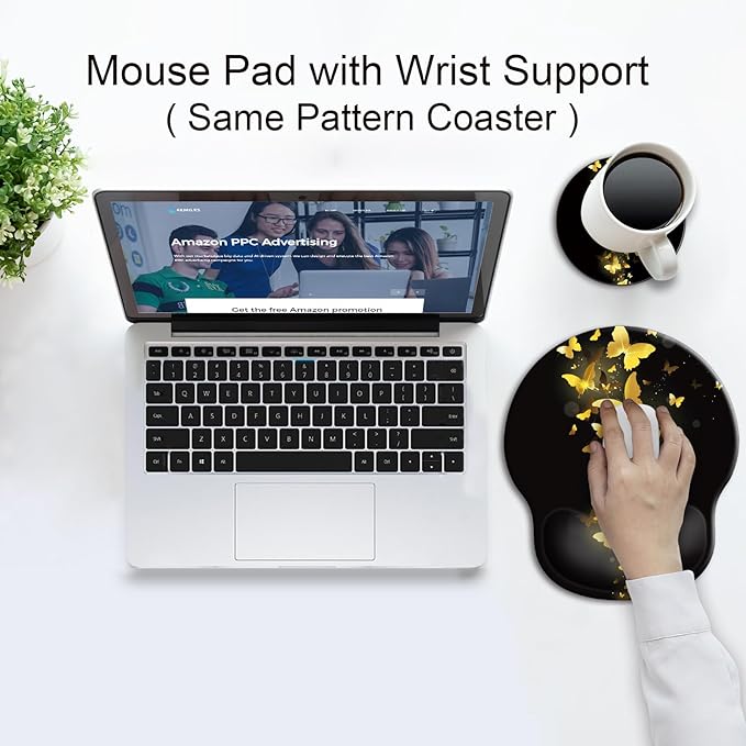 Ergonomic Mouse Pad with Wrist Support Rest,Large Mousepad Gel Wrist Rest, with Coaster Non-Slip & Pain Relief for Computer, Desk, Home&Office-Golden Butterflies