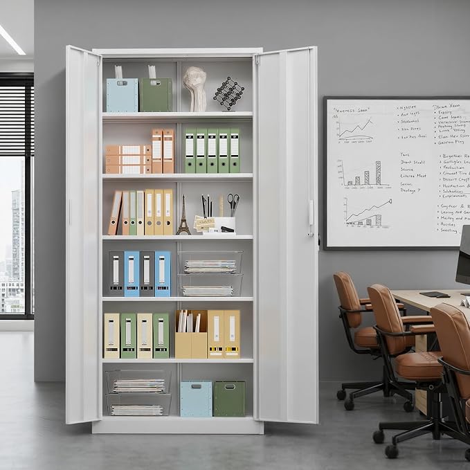 VINGLI Metal Garage Storage Cabinet with 2 Doors and 5 Adjustable Shelves, 71" Tall Steel Lockable File Cabinet, Locking Tool Cabinets for Home Office Garage Gym School (White)