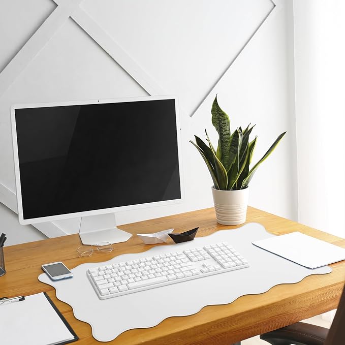 Hahafelt Scalloped Desk Mat Waterproof,White,31.5 X 15.8 Inches | Coquette Preppy Style for School Office Makeup Vanity, Nonslip Gaming Desktop Protector with Scalloped Stitched Edge Mat